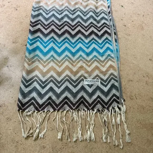 100% Pashmina Cashmere Chevron Blue Beige and Brown Scarf