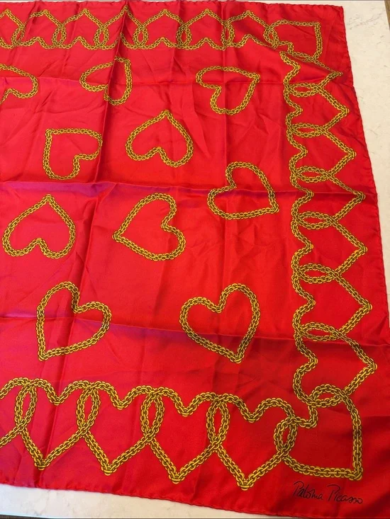 Vintage Paloma Picasso silk‎ scarf Red with Gold Chain Hearts