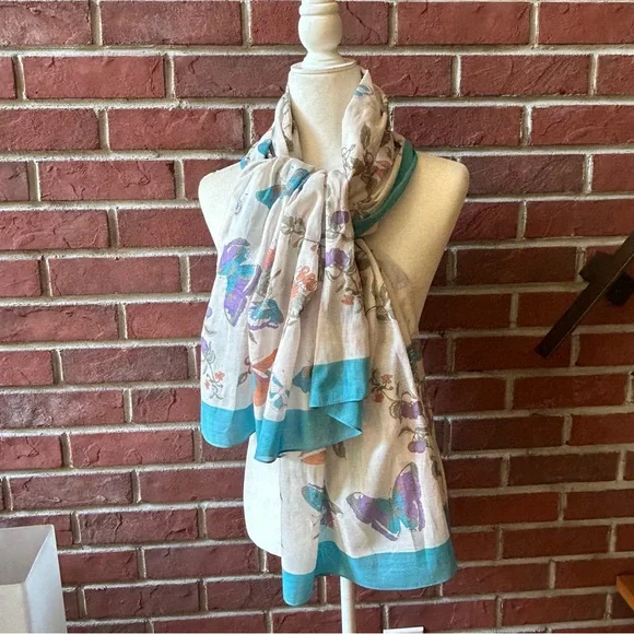 •Ginnie Johansen Vintage 87’Cotton Floral Butterfly Shawl Scarf Made In Japan