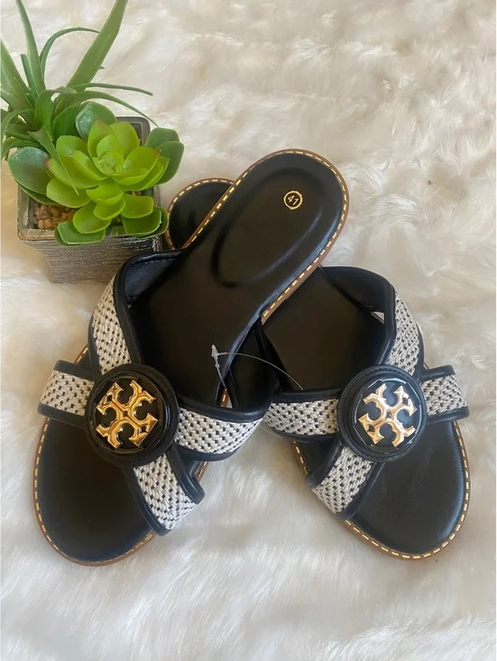Tory Burch Black and White Slip-On Sandals, Gold Accent 10W