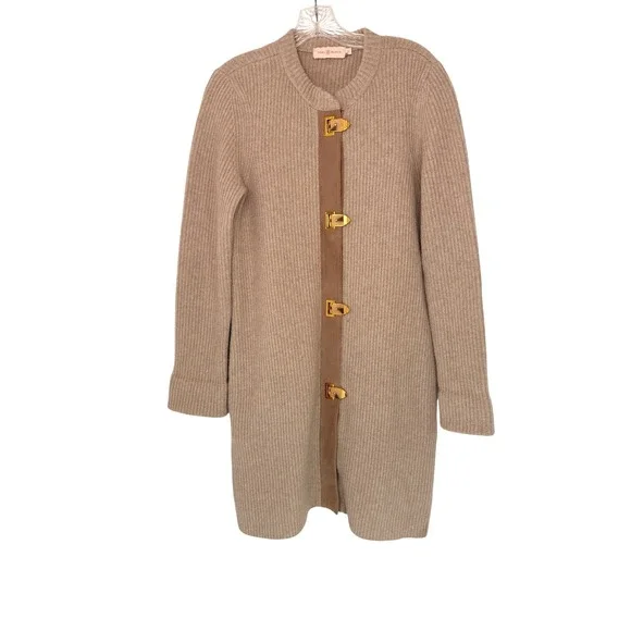 Tory Burch Rory Sweater Coat Tan Beige Cable Knit Classy Cardigan Coat Small