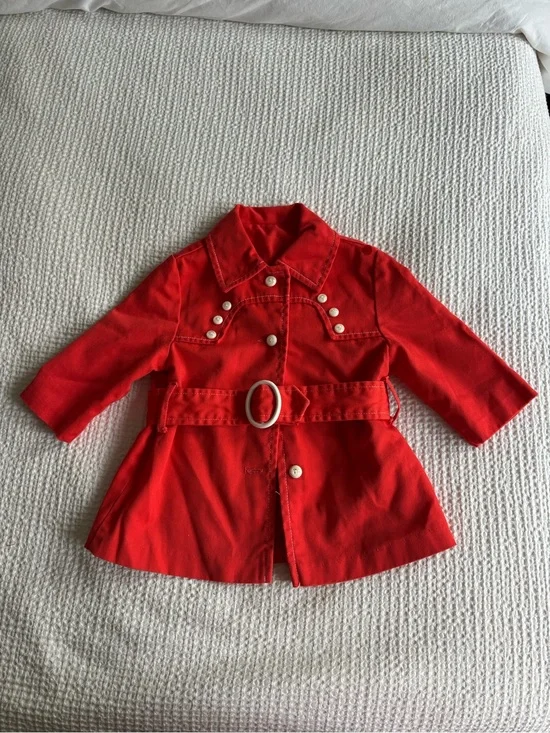 Vintage Red Girls' Belted Pea Coat with Decorative Buttons - 2T