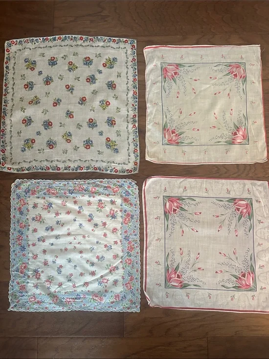 Vintage Floral Cotton Handkerchief with Blue Border