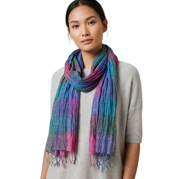 Multicolor Ombre Stripe Gauze Scarf Pink Blue Purple Tassel Fringe Wrap 38x72‎