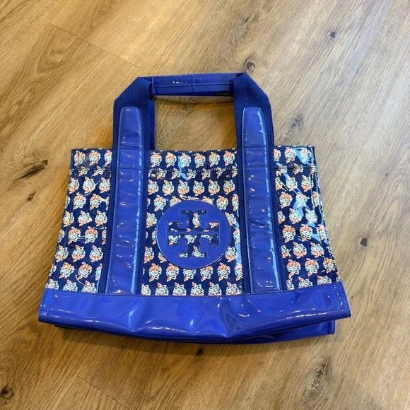 Tory Burch Ella Tote Bag Blue Floral Patent Leather Trim Logo Handbag