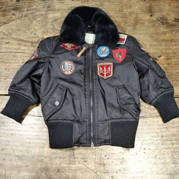 Tommy Top Gun Bomber Jacket Coat 2T Black Patches Military Full Zip Faux Fur