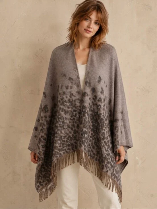 Mixit Cheetah Print Cape/Wrap Brown Black Fringe Wrap Cozy Luxe One Size