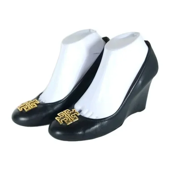 Tory Burch Women’s Melinda US 8M Black Leather Logo Slip On Wedge Pumps Shoes