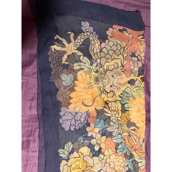 Liberty of London Silk Scarf Dragon Floral Navy Blue Made in England Rectangular