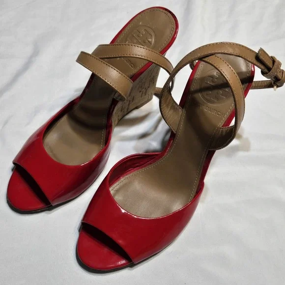 Tory Burch Ashton Patent Leather Red/Brown Cork Wedge Strappy Sandal 6.5M Luxury