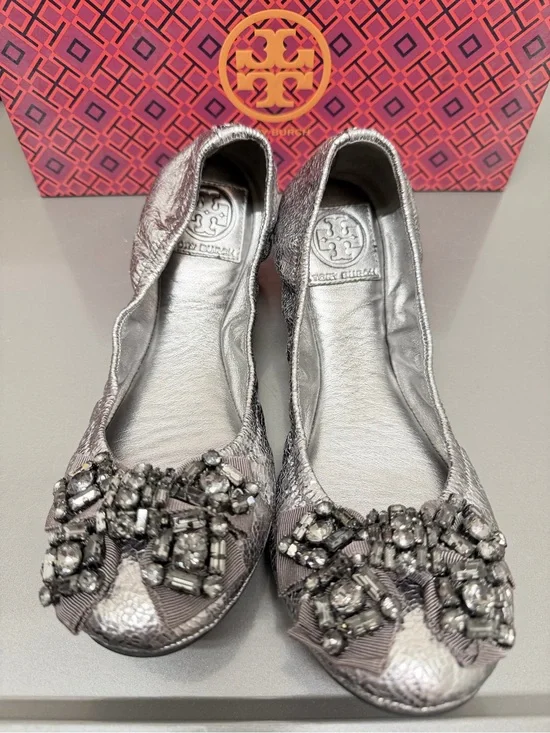 Tory Burch Metallic Pewter Jeweled Bow Ballet Flats