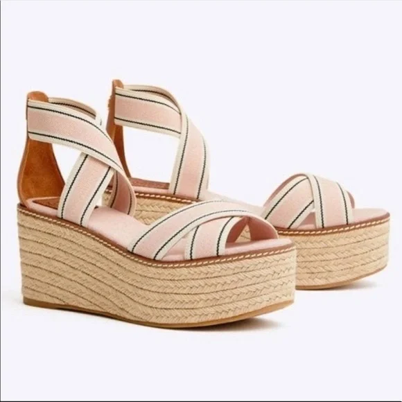 Tory Burch Frieda Espadrille Wedge Sandal‎ Blush Stripe/Tan Size 9.5 Women