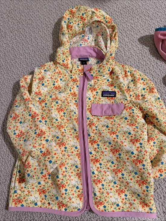 Patagonia Yellow Floral Rain Jacket with Pink Trim