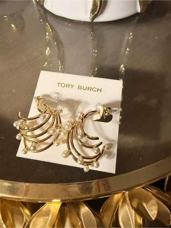 Tory Burch Gold Hoop Earrings with Pearl Accents $220 online