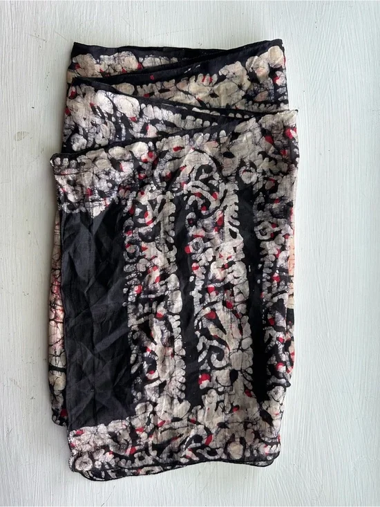 Handwoven Silk Scarf Batik Crackle Print Black Red Boho Indie Sleaze Wrap