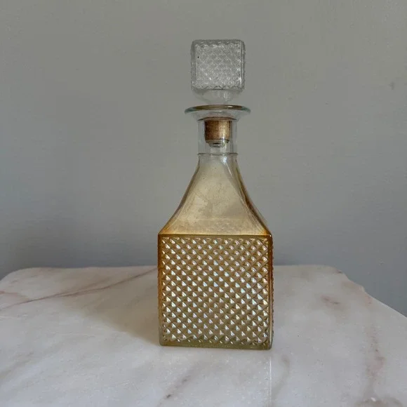Vintage Amber Glass Decanter Square Diamond Point Hobnail Stopper Mid Century