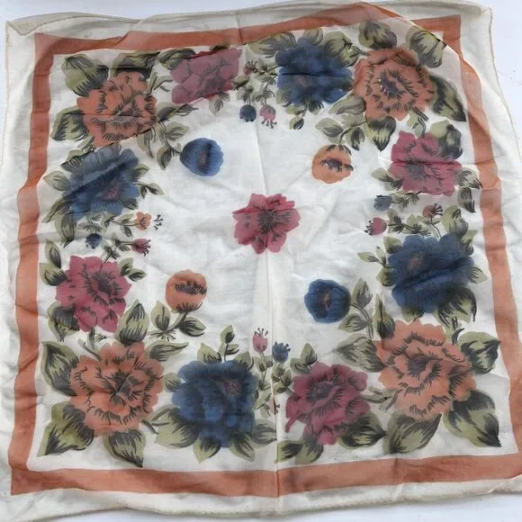 Vintage Semi Sheer Scarf Floral Rust Blue Cream 28