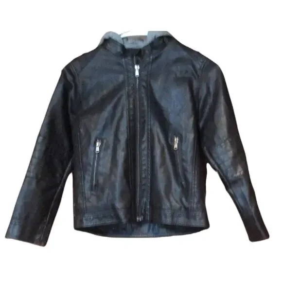 H&M Boys Black Faux Leather Biker Moto Jacket Size 4-5Y Gray Hood Sherpa Lining