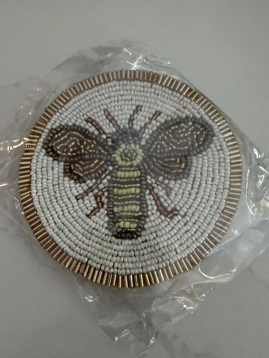 Budhagirl Beaded Bee Coaster Set of 4 White and Gold