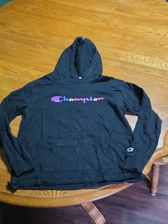 Champion Black Hoodie with Pink and Purple Script Logo