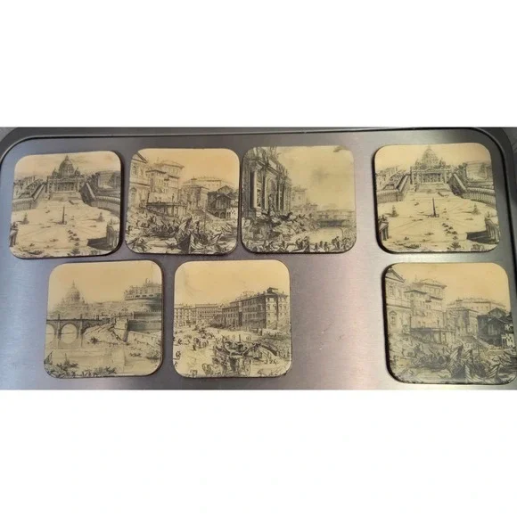 Vintage‎ Rome Italy Architectural Etching Coasters Set of 7 Red Backing Landmark