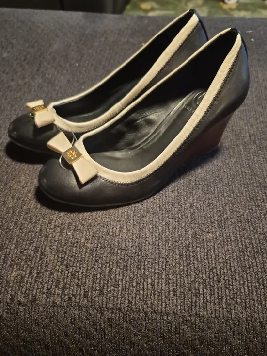 Tory Burch Black Wedge Pumps with Cream Trim and Bow Accent
