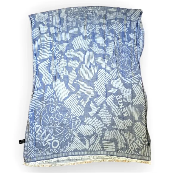 KENZO Paris Blue Tiger Head Silk Cotton Scarf