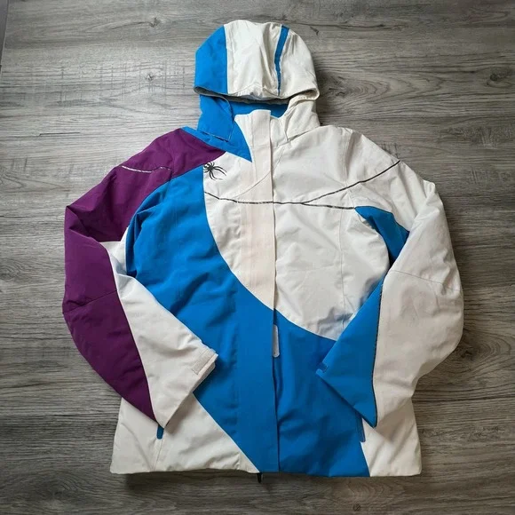 Spyder Ski Jacket Kids 16 White‎ Blue Purple Colorblock Hooded Insulated 125204