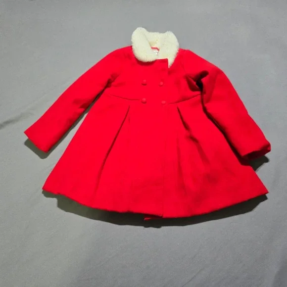 Max Studio Kids Coat 5 Red Faux Fur Collar Double Breasted Peplum Jacket