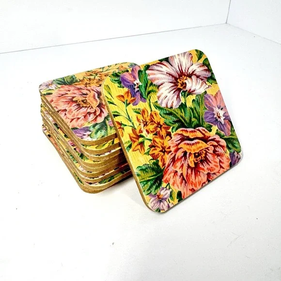 Floral Cork‎ Backed Drink Coasters Set of 10 Square Colorful Flower Print