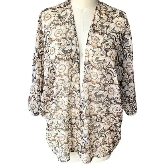 AMERICAN EAGLE Brown Floral Boho Shawl Cape Bohemian Kimono Wrap ~ LARGE / XL