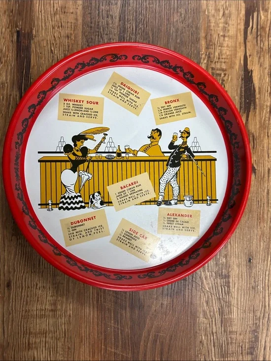 Vintage Cocktail Recipe Serving Tray - Red, White, Black