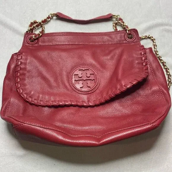 Tory Burch Marion Red Leather Saddle Bag with Gold Hardware