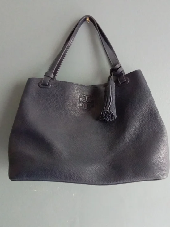 Tory Burch Thea Navy Blue Pebbled Leather Tassel Shoulder Bag Tote