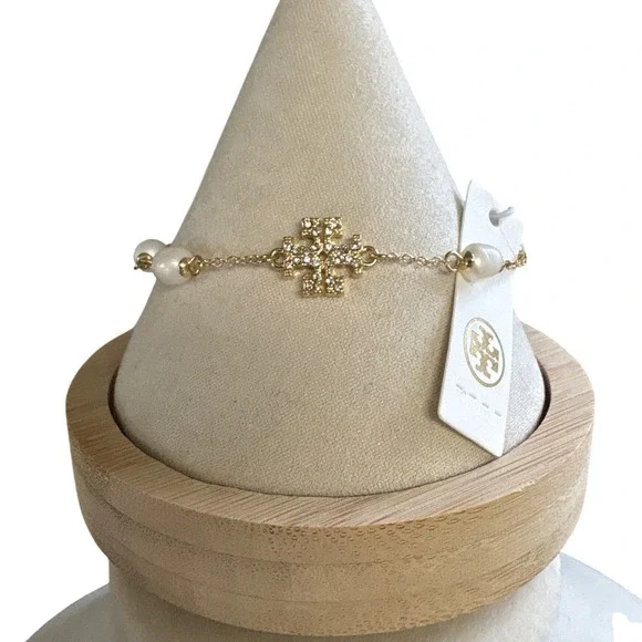 Tory Burch Kira Pearl Chain Bracelet Gold Pave Crystal Logo Women New