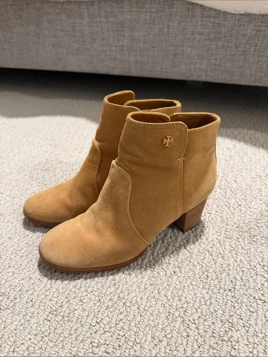 Tory Burch Tan Suede Ankle Booties with Block Heel