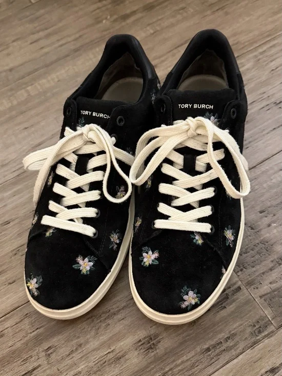 Tory Burch Black Suede Floral Embroidered Sneakers with Cream Laces