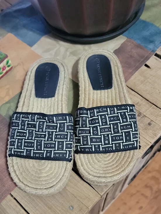 Tory Burch Black Logo Woven Espadrille Slide Sandals Size 5.5
