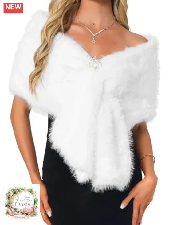 Faux Fur Shawl Wrap for Wedding Bridal Winter Cape Stole Rhinestone Brooch Clasp