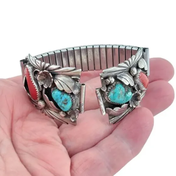 Vintage Southwest Sterling Silver 925 Turquoise Coral Watch Tips 6