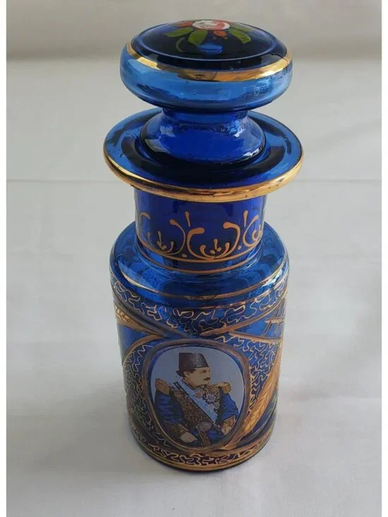 Vtg Cobalt Russian Blue Decanter w/ Etched Gold Flower w/ Stopper Tole Painted