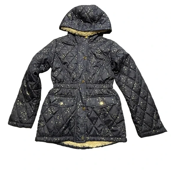 C&C California Girls Navy Gold Star Quilted Puffer Jacket Faux Fur Lining Size 7