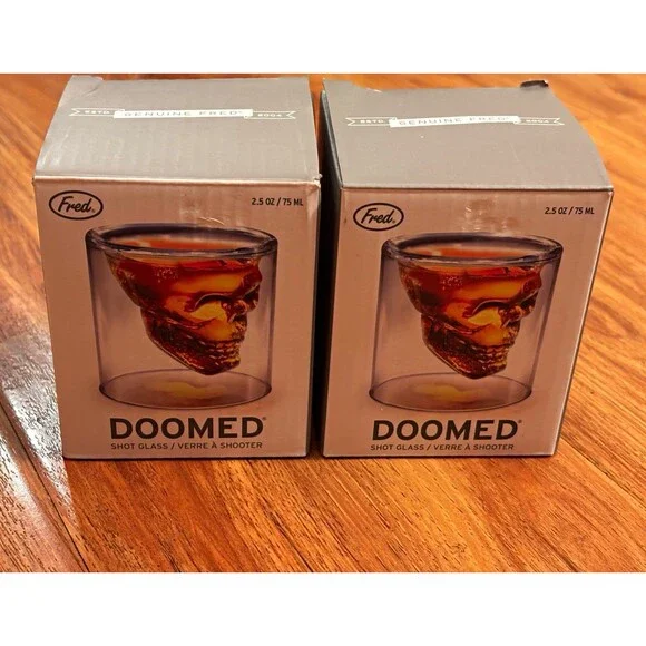 Goth Creepy Fred DOOMED Skull Shot Glass Set of 2, 2.5 oz Clear Glass Halloween
