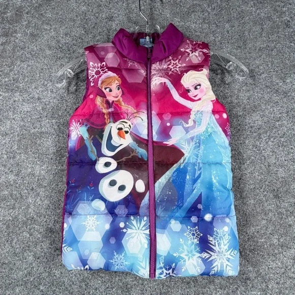 Disney Frozen Puffer Vest Girls 5 Multicolor Anna Elsa Olaf Graphic Print Zip Up