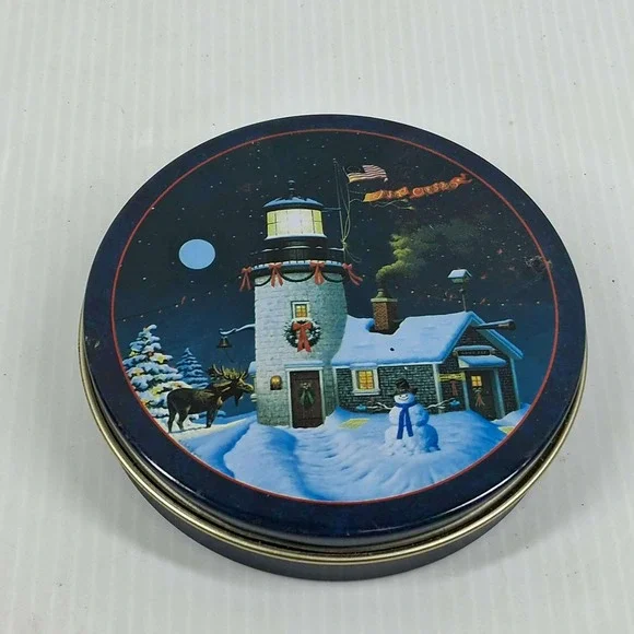 Charles Wysocki Mosaic Winter Lighthouse Coaster Set with Tin 4 Piece Americana