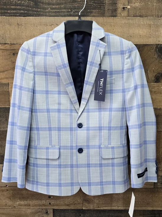 Boys Coat TOMMY-HILFIGER THFLEX Light Blue Windowpane Plaid Sport Blazzer Size10
