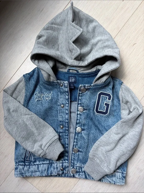 GAP Kids Gray Hooded Denim-Look Jacket with Blue Front