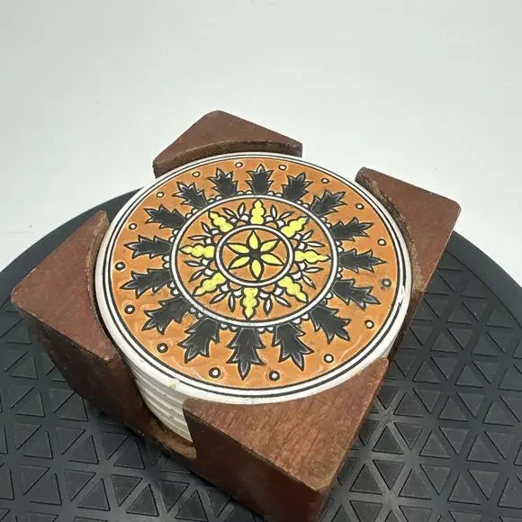 Vintage Set 6 Round Hand Painted Tile Coasters Neofitou Keramic Art With Caddy
