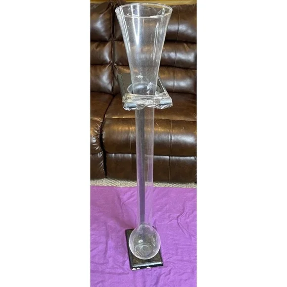 Vintage Blown Glass Tall Yard of Ale Beer Bong with Wood Stand Possibly‎ Italian