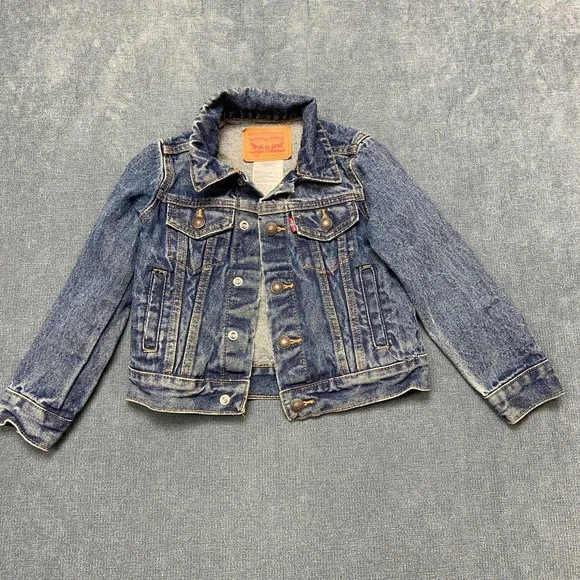 Levi's Trucker Jacket Girls 4XS Blue Denim Chest Pockets Button Front Collared